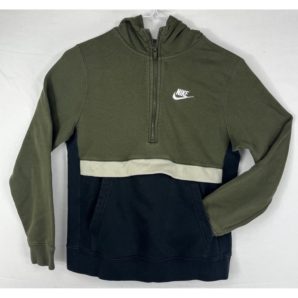 Nike Boys Olive Green Navy Blue Colorblock 1/2 Zip Hoodie Fleece CQ4297-325 Sz L